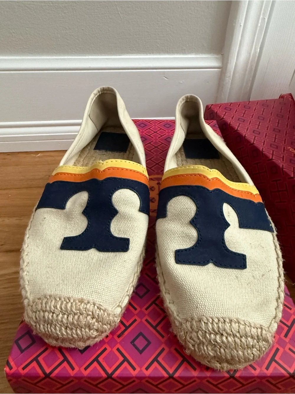 Tory Burch Cream Canvas Espadrilles with Navy Logo and Orange & Yellow Trim